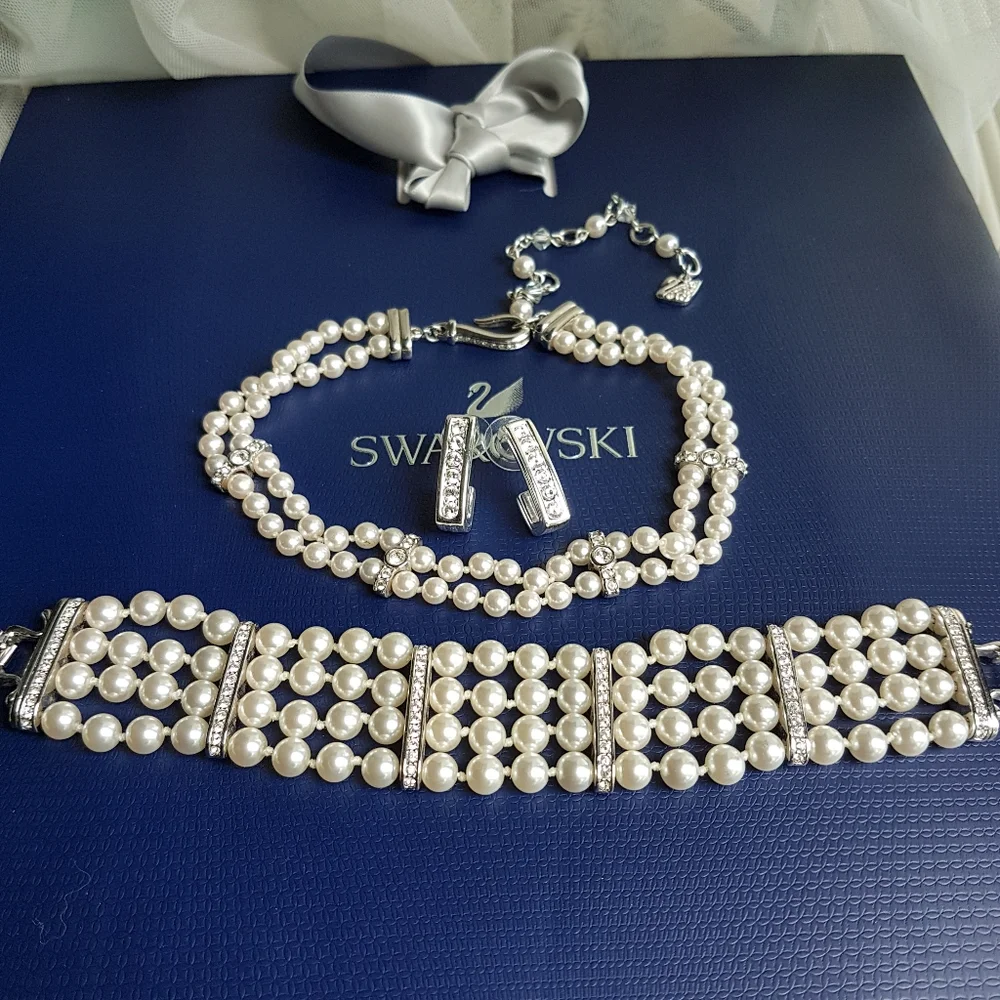 AUTHENTIC Swarovski Crystal Pearl Choker Necklace Tennis Bracelet Earrings SET - Picture 14 of 16